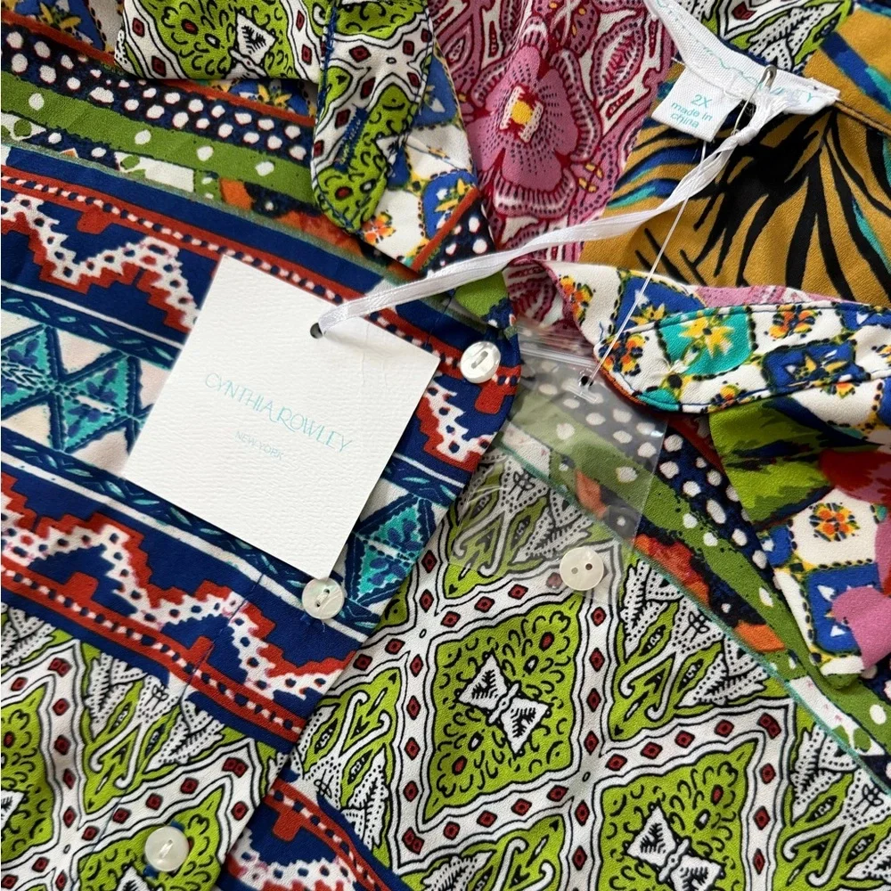 ✨NWT- Cynthia Rowley Floral Boho Pattern Patchwork 3/4 Sleeves Button Down 2X - Picture 7 of 9